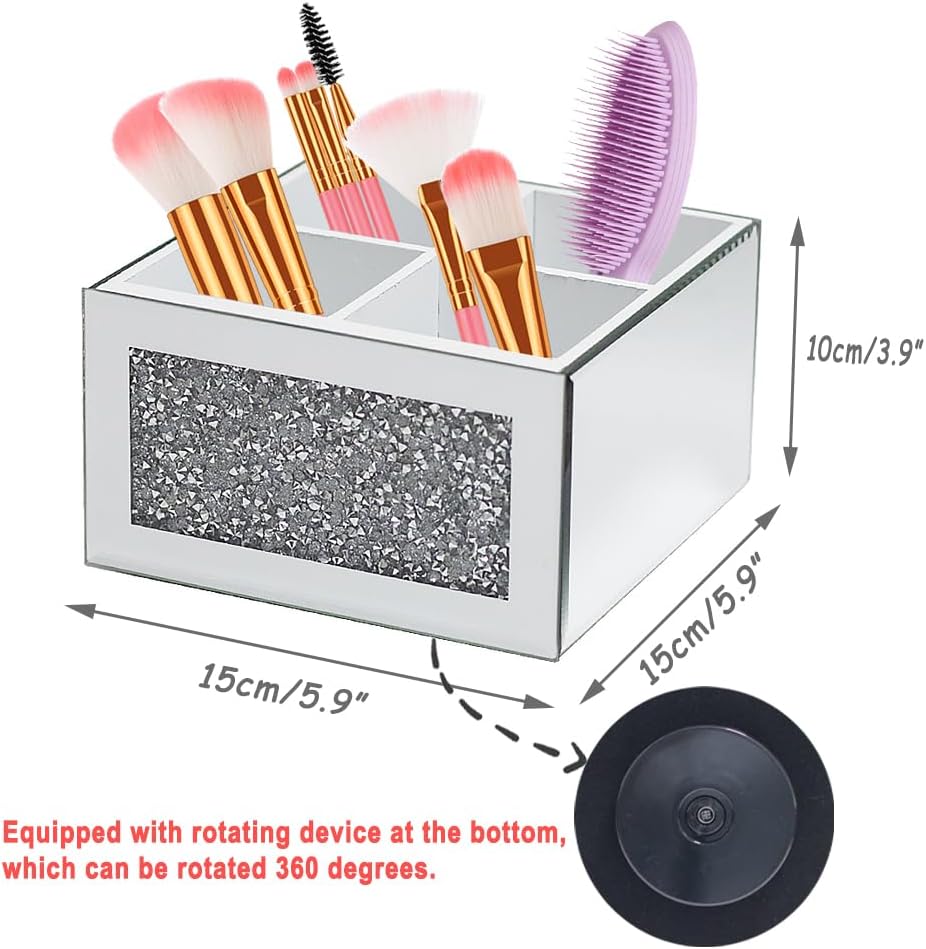 HMRCYTE Organizador de brochas de maquillaje con espejo giratorio de 360, soporte de almacenamiento de cepillos cosméticos de cristal de cristal,