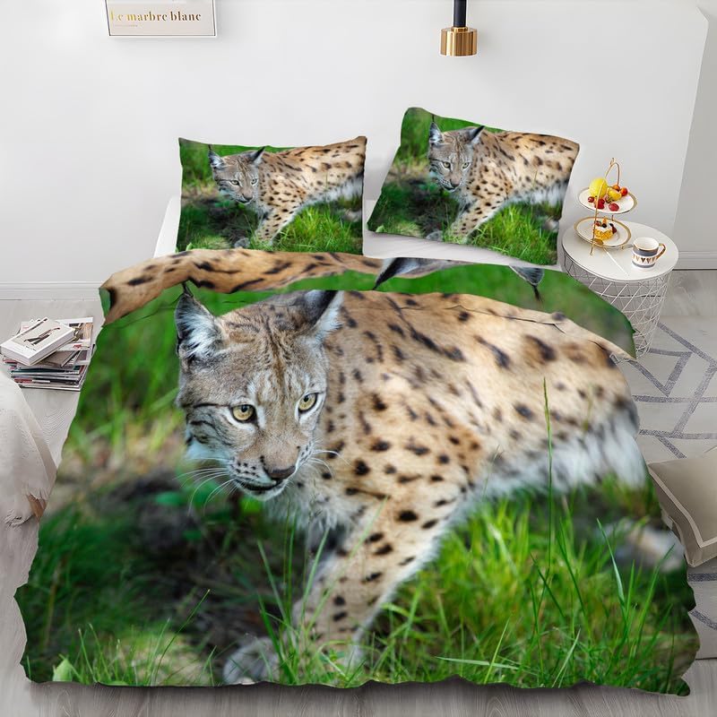 Grass Green Small Animals California King Duvet Cover Lynx Print Bedding Soft Microfiber Comforter Cover and 2 Pillow Shams 20″X36″, Bed Set Duvet
