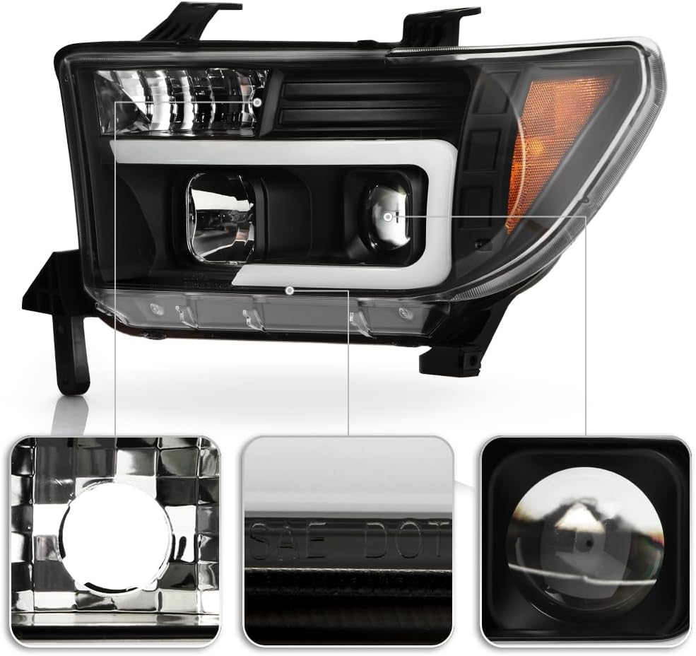 ACANII – Para 2007-2013 Toyota Tundra 08-17 Sequoia Pickup Negro LED Tubo Proyector Faros Faros Par Izquierdo+Derecho
