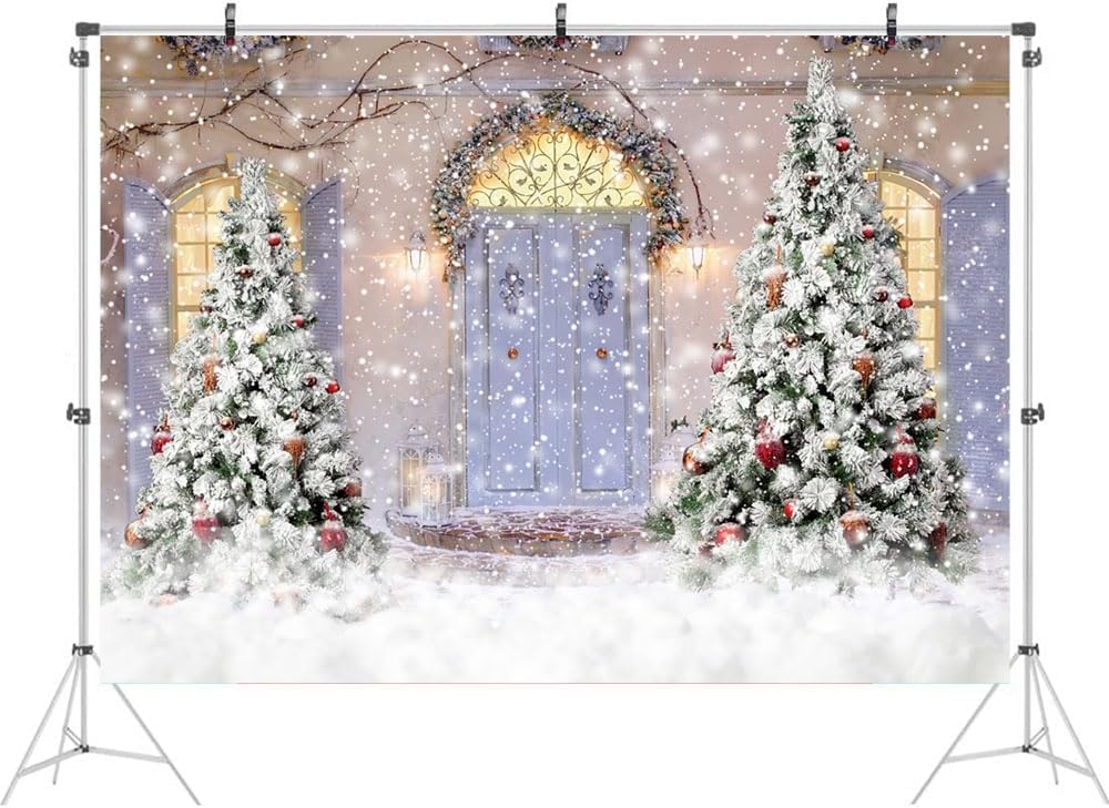 Ticuenicoa Telón de fondo de Navidad de invierno de 7 x 5 pies con purpurina, escena de nieve, puerta de castillo, decoración de árbol de Navidad,