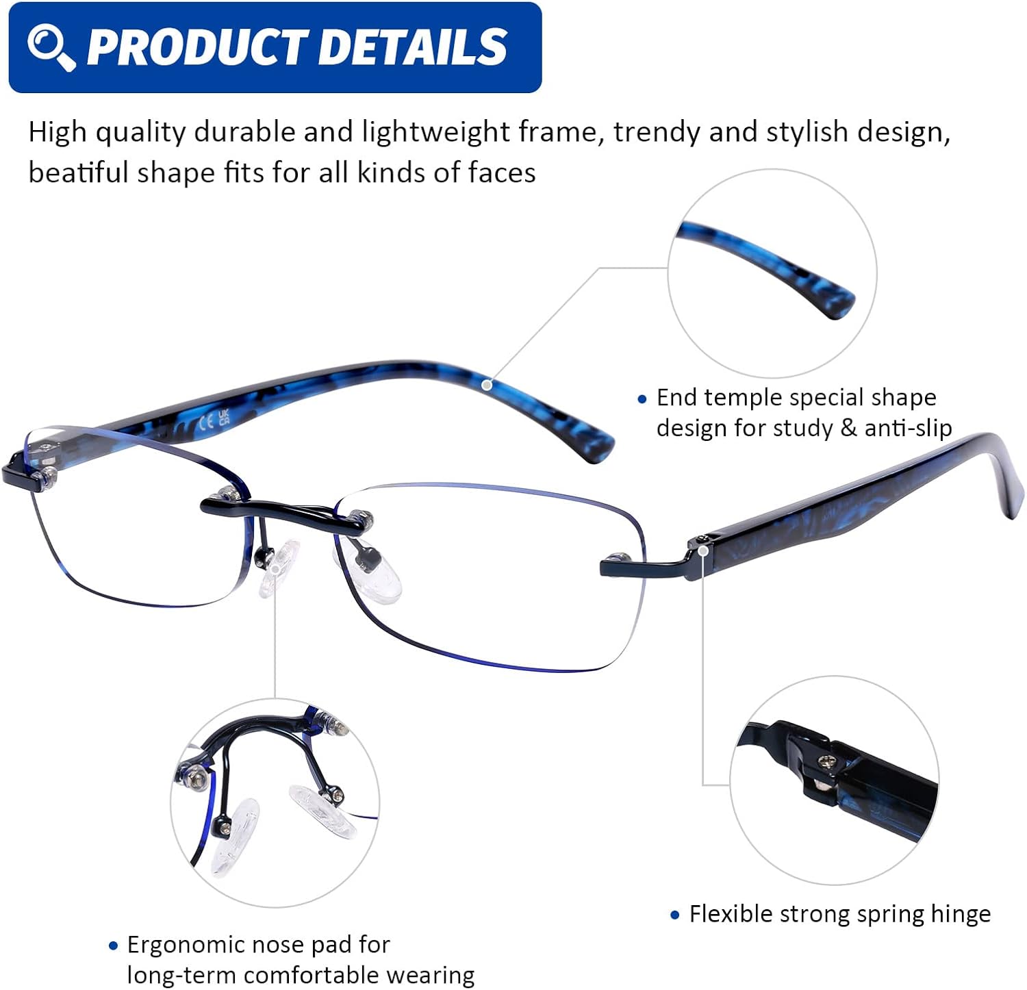 DOOViC Paquete de 3 lentes de lectura sin montura para mujer, ligeros, elegantes, con bloqueo de luz azul, borde tintadobisagra de resorte, 1.75 de