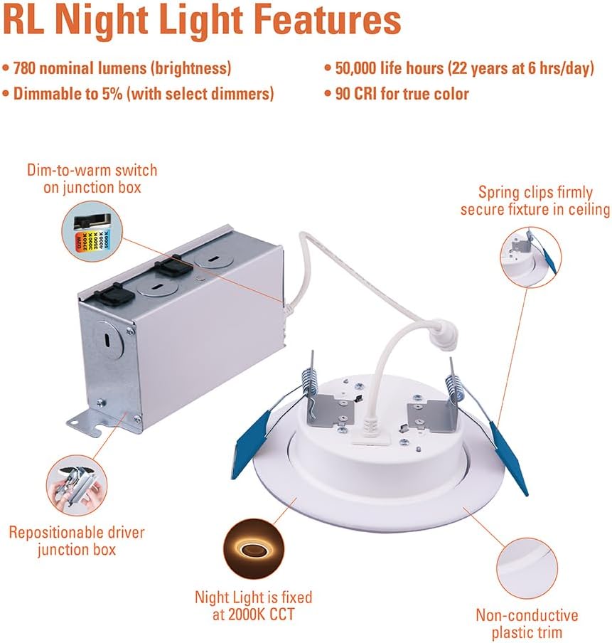 HALO RL – Luz nocturna LED empotrable de 4 pulgadas, 700 lúmenes, seleccionable 2700K, 3000K, 3500K, 4000K, 5000K CCT con atenuación a cálida