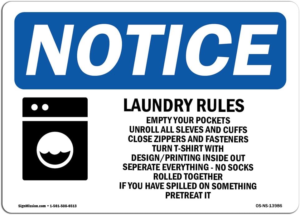 OSHA – Letrero de aviso  Reglas de lavandería Empty Your Pockets con símbolo  Etiqueta de vinilo  Protege tu negocio, sitio de construcción