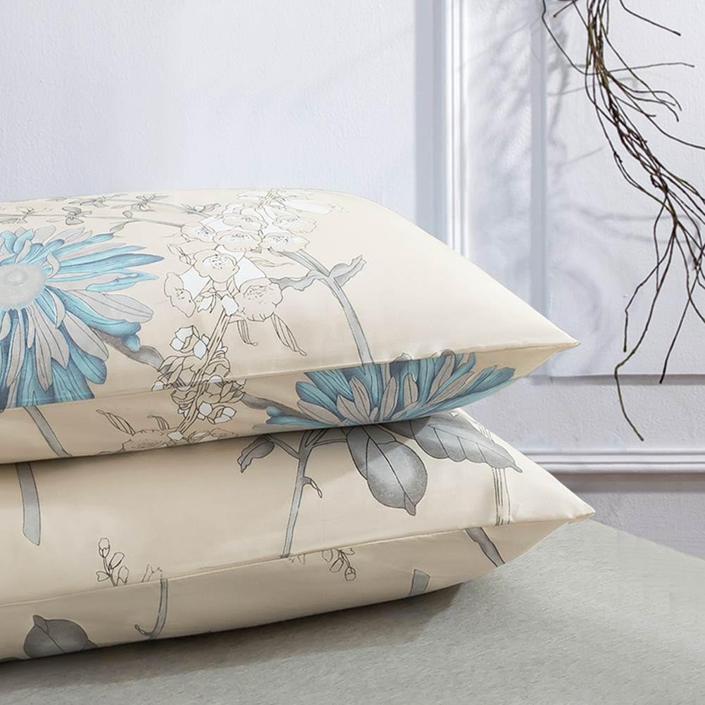 ETDIFFE Juego de edredón beige tamaño Queen, 3 piezas de ramas marrones y flores azules, juego de ropa de cama con estampado floral blanco roto,