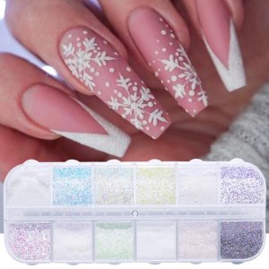 Polvo de purpurina para uñas de azúcar blanco superfino para diseño de uñas de copo de nieve de Navidad, efecto brillante de azúcar, copos de Polvo de purpurina para uñas de azúcar blanco superfino para diseño de uñas de copo de nieve de Navidad, efecto brillante de azúcar, copos de