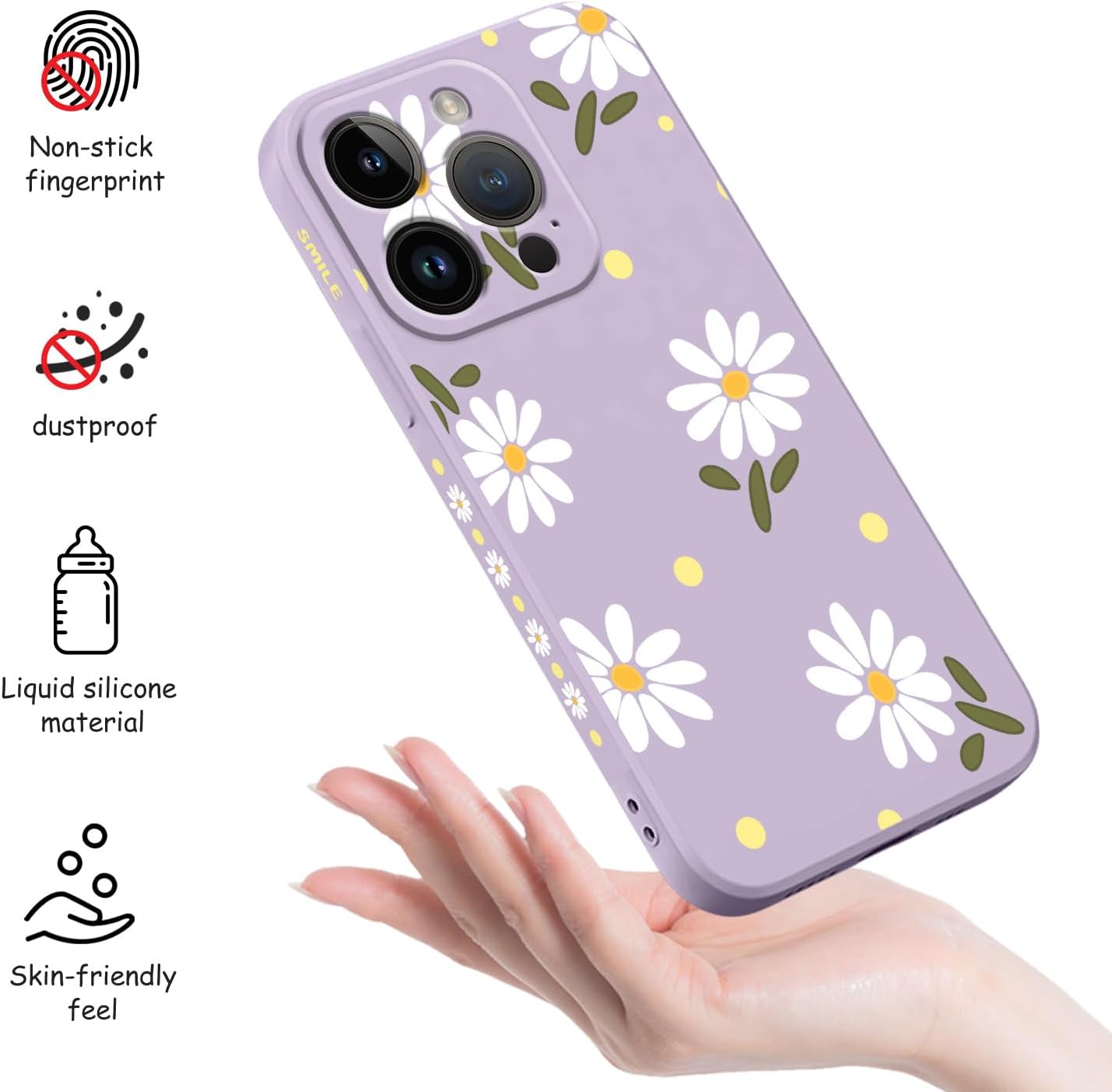 LEECG Fundas para iPhone 15 Pro, fundas para iPhone 15 Pro con diseño de crisantemo lateral, suave a prueba de golpes, protector de lente de cámara