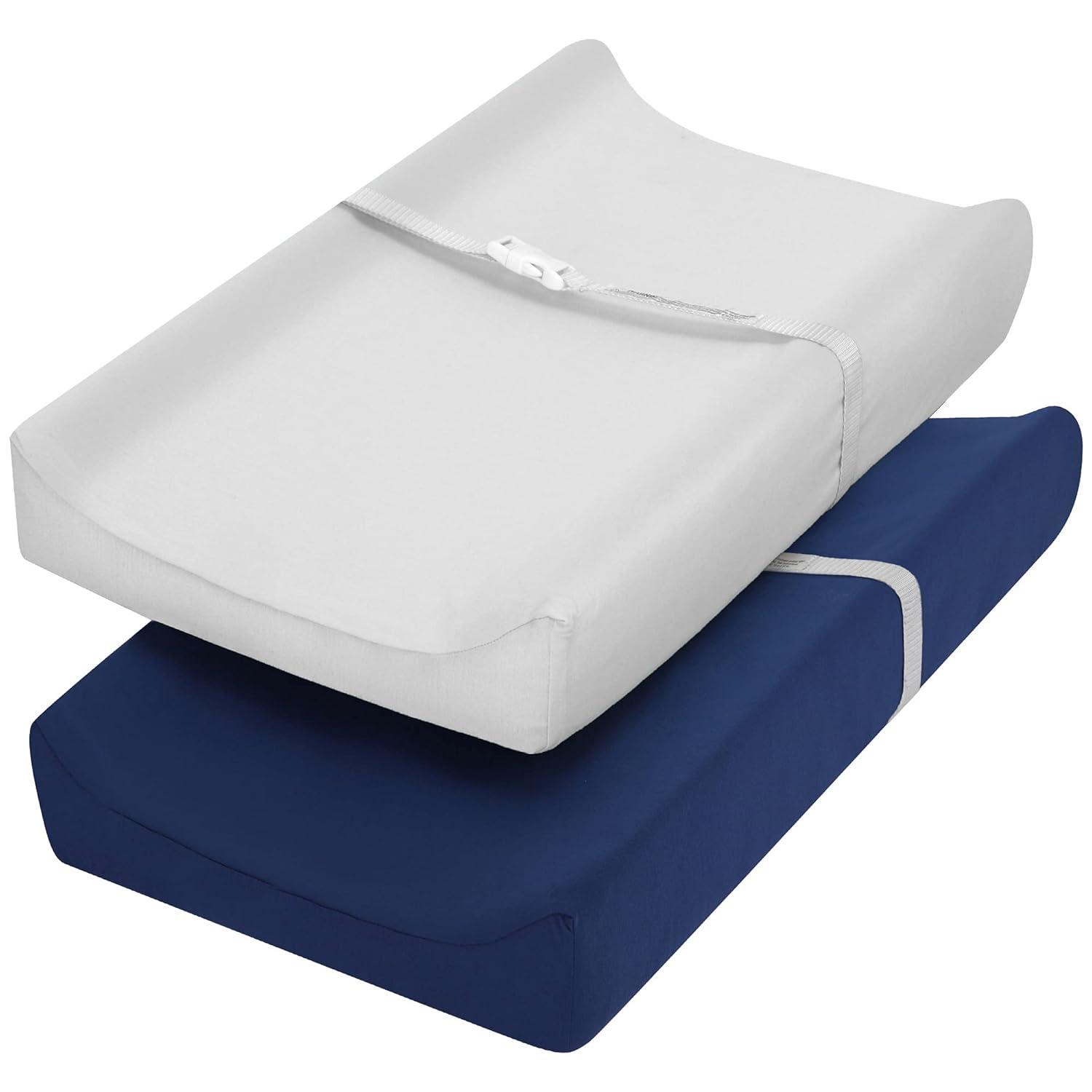 TILLYOU Juego de fundas para cambiador en material de jersey suave, se adapta a almohadillas contorneadas de 32″34×16″ para bebés, azul marino y
