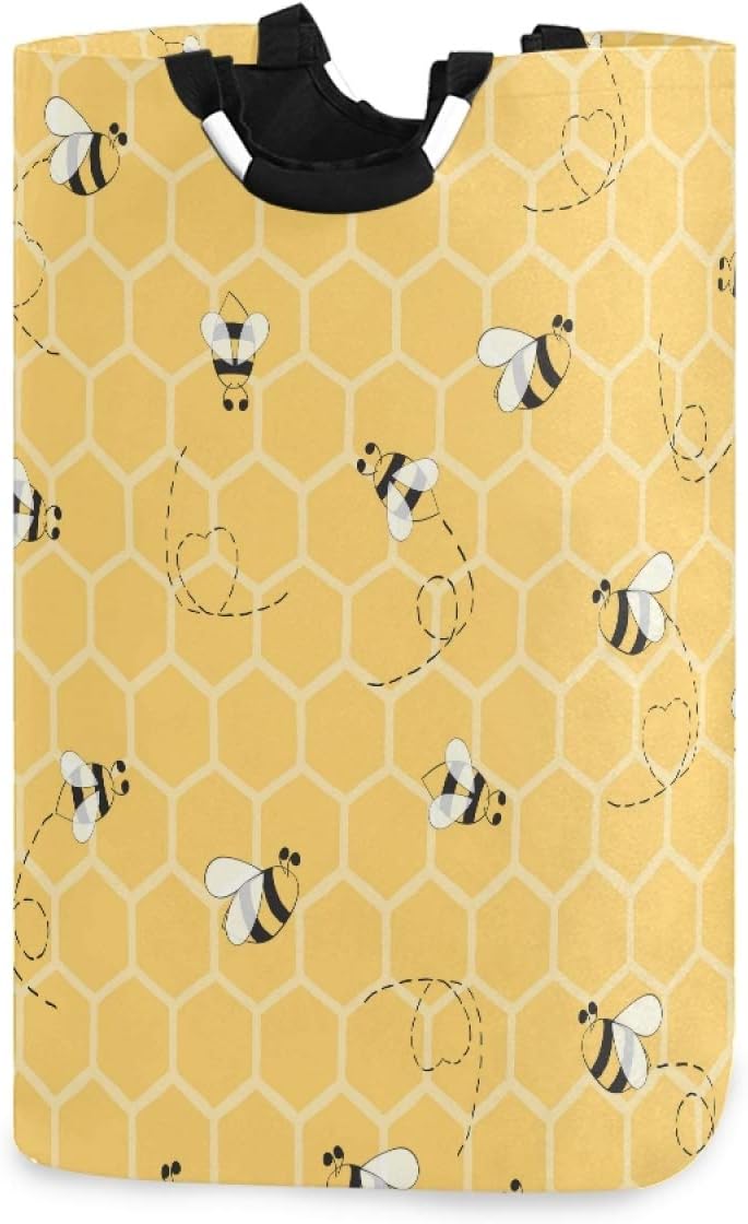 AUUXVA Cesta de lavandería amarilla con diseño geométrico de panal de abeja y colmena, cesta de almacenamiento grande plegable con asas para baño,