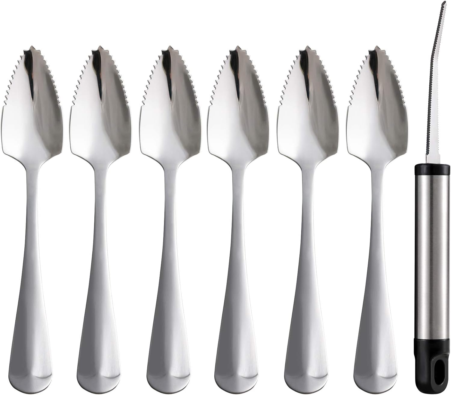 Cucharas de pomelo y cuchillo de toronja, juego de 7 cucharas de postre de acero inoxidable de grado alimenticio, cuchillo de fruta con acabado