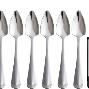Cucharas de pomelo y cuchillo de toronja, juego de 7 cucharas de postre de acero inoxidable de grado alimenticio, cuchillo de fruta con acabado Cucharas de pomelo y cuchillo de toronja, juego de 7 cucharas de postre de acero inoxidable de grado alimenticio, cuchillo de fruta con acabado