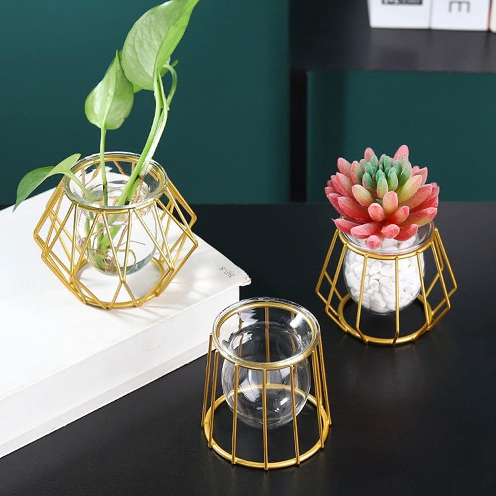 KOPee Nordic Golden Glass Vase Hydroponic Plant Vase Iron Art Flower Pot Desktop Home Decor Ornaments Personality Gift Modern jarrones (Color K,