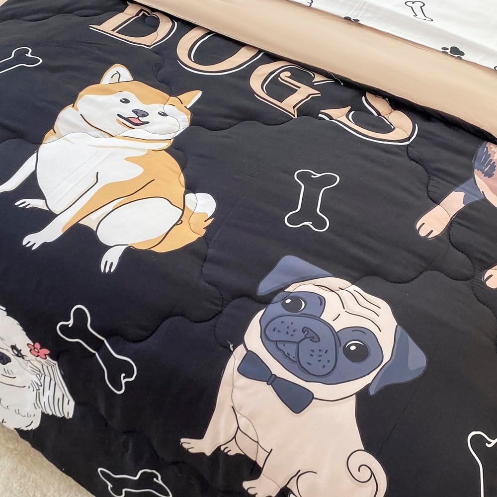 Wajade Juego de edredón de perro para niños, cama tamaño matrimonial en una bolsa para niñas y niños, 7 piezas con estampado de cachorros de