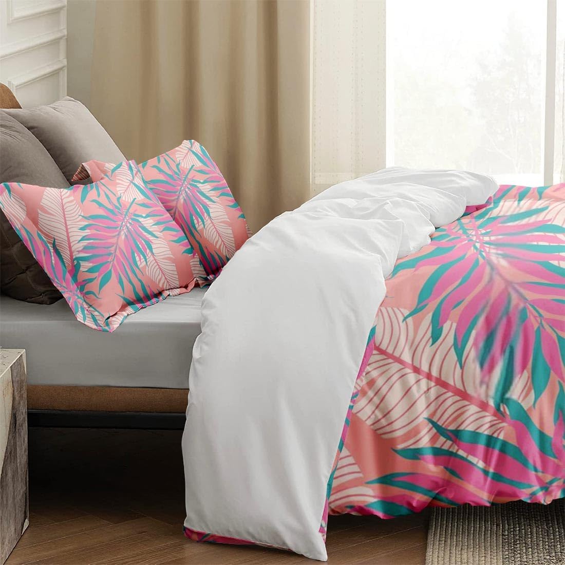 Juego de funda de edredón, juego de ropa de cama floral de verano con palmeras tropicales para niños y adultos, decoración de dormitorio de hojas de