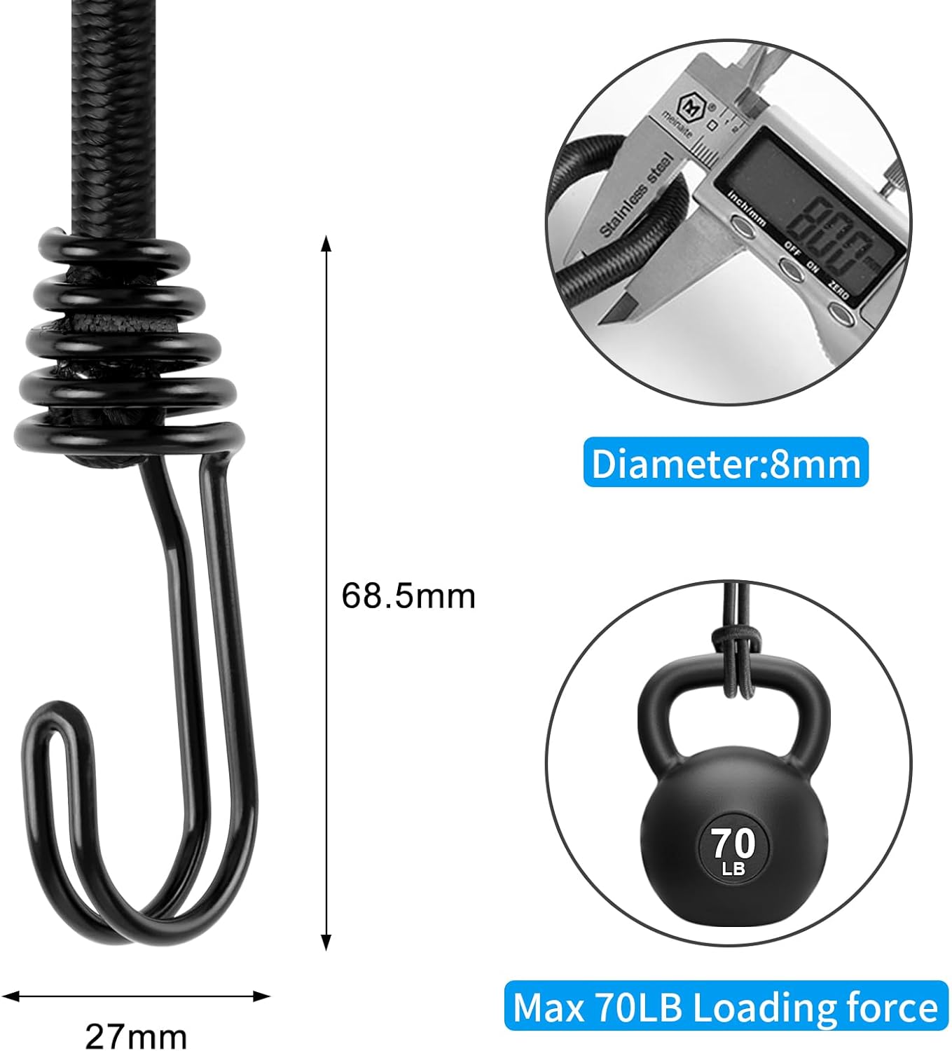 Correas elásticas dobles J de 18 pulgadas con ganchos, cuerdas elásticas negras con ganchos, resistentes al aire libre para campamento, carpas,