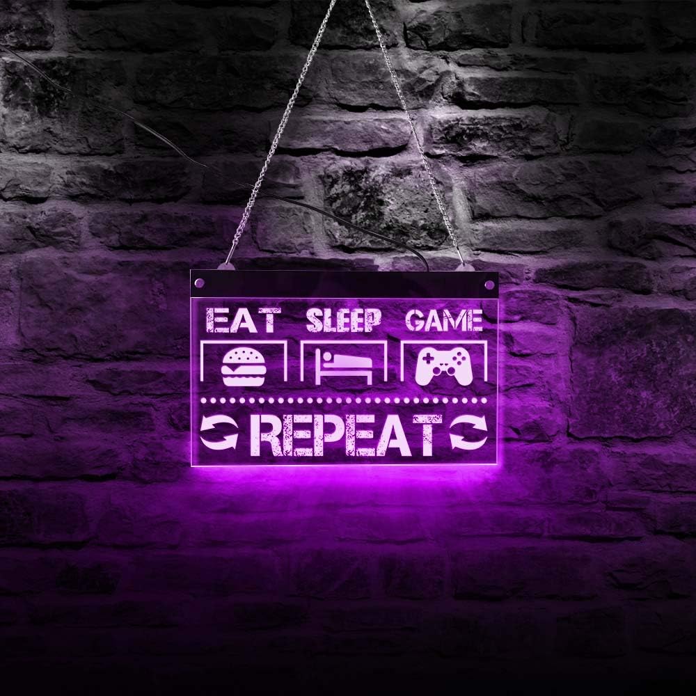 The Geeky Days Eat Sleep Game Repeat Funny Gaming Quote Letrero de neón LED con siete colores cambiantes para hombre, cueva, video gamer, decoración
