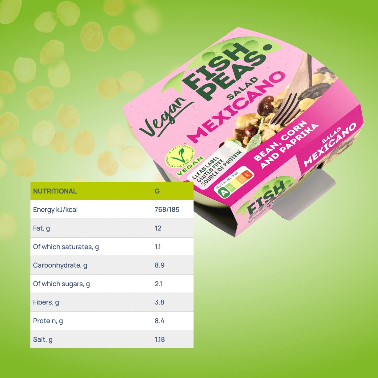 FISH PEAS – Ensalada MEXICANO de alimentos veganos a base de plantas con frijoles, maíz y pimentón. Comidas listas para comer a base de plantas, sin