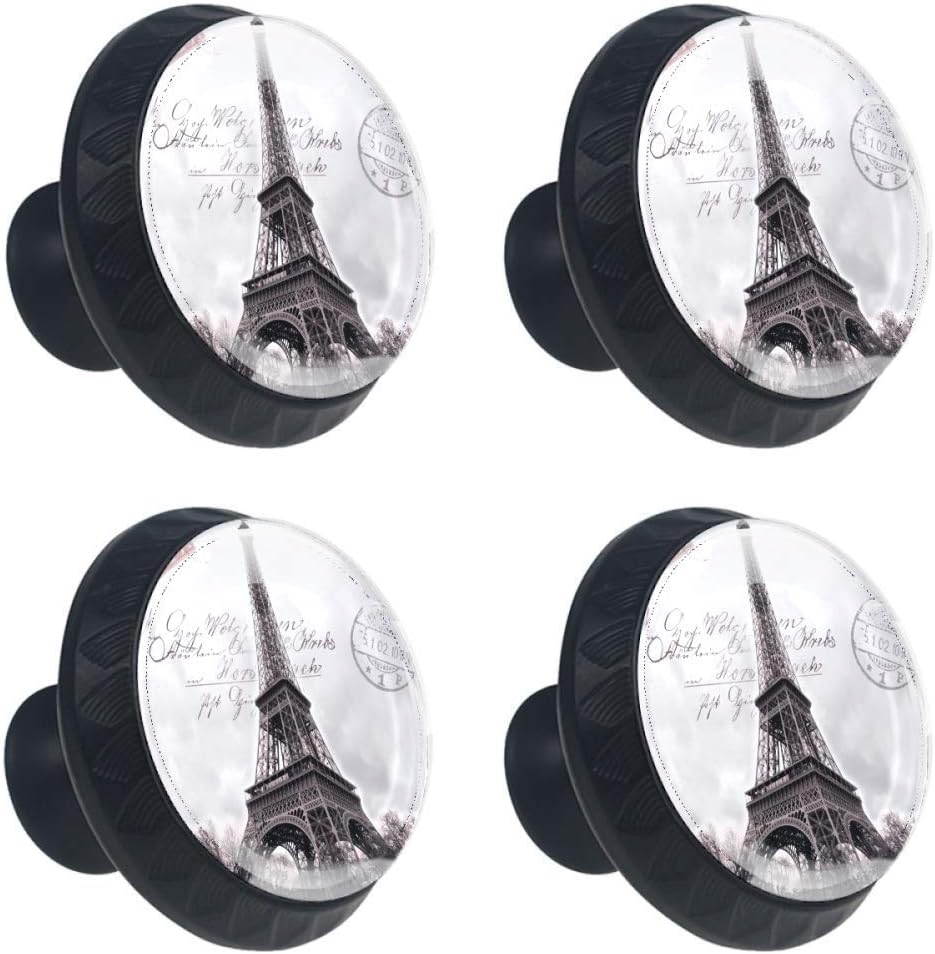 Pomo de cajón de 4 piezas, pomo de cajón París, sello de torre Eiffel de cristal con forma de círculo, tiradores de cajón de armario con tornillos
