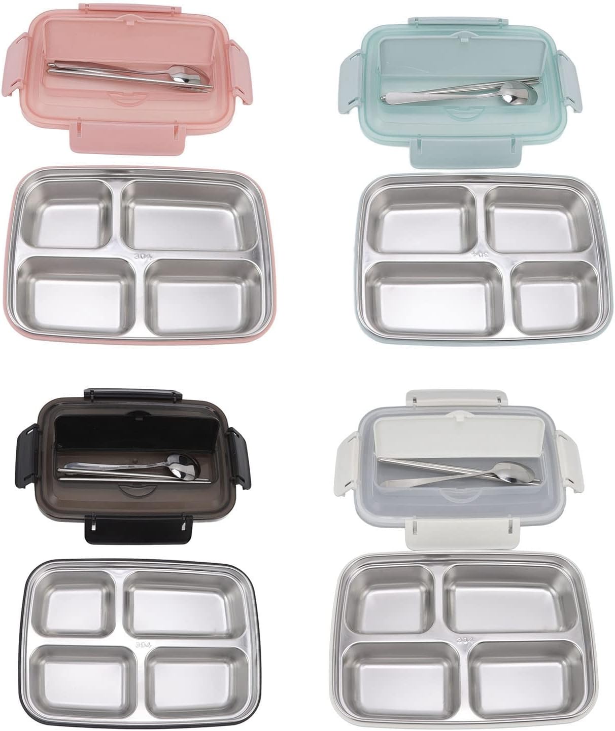 Niiyen Lonchera portátil de acero inoxidable 304 Bento Box Lunch Containers Caja de almacenamiento de alimentos con 4 compartimentos vajilla para