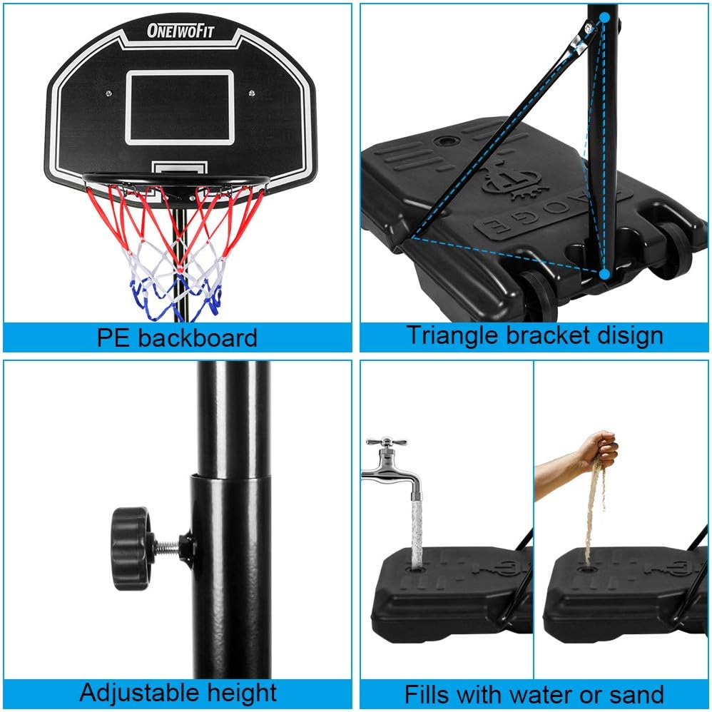 ONETWOFIT Aro de baloncesto portátil, portería de baloncesto al aire libre de altura ajustable para niños con tablero de impacto 2 ruedas base