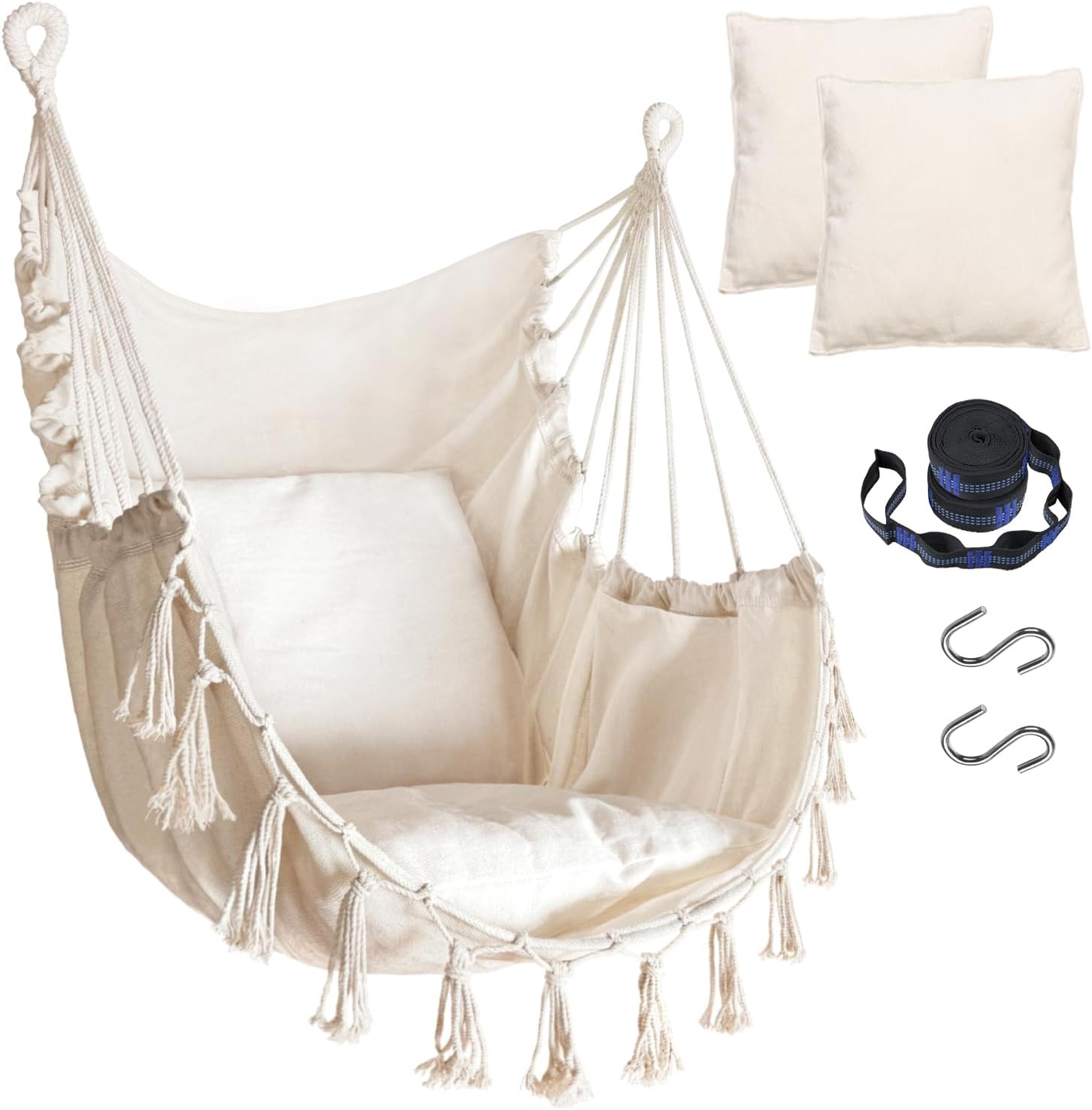 Silla hamaca colgante de cuerda con 2 cojines y kits de herramientas, resistente y duradero, suave algodón tejido a mano, silla colgante de macramé