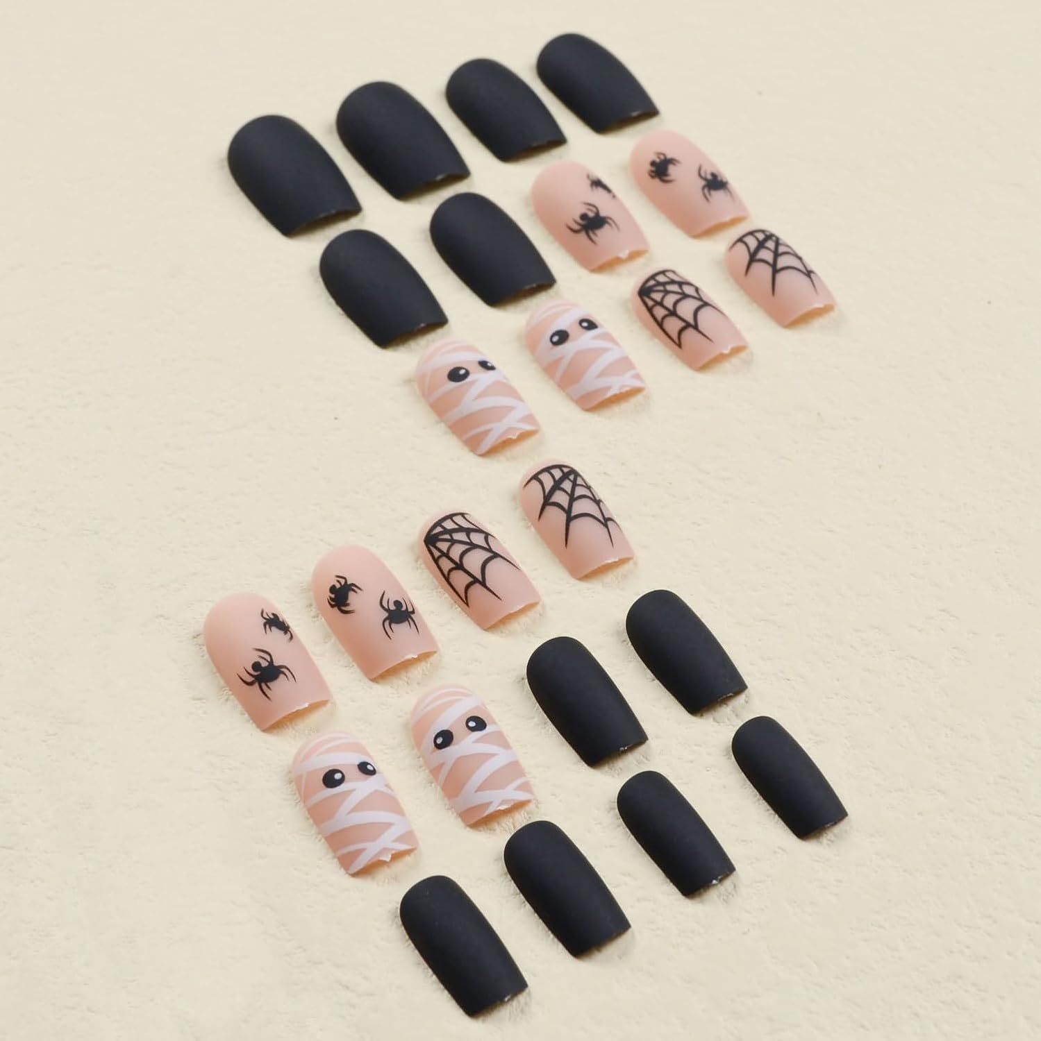 24 uñas postizas medianas de Halloween, cuadradas, a presión, con telaraña, color negro, con pegamento, para Halloween, momia, cuadradas, medianas,