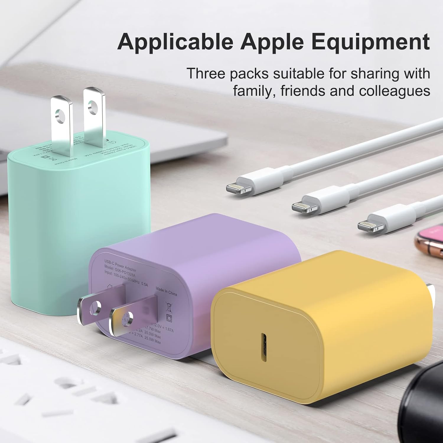 Paquete de 3 cargadores USB C, 20 W PD USB C adaptador de cargador rápido de pared con 3 unidades certificado MFi 6 pies tipo C a cable Lightning