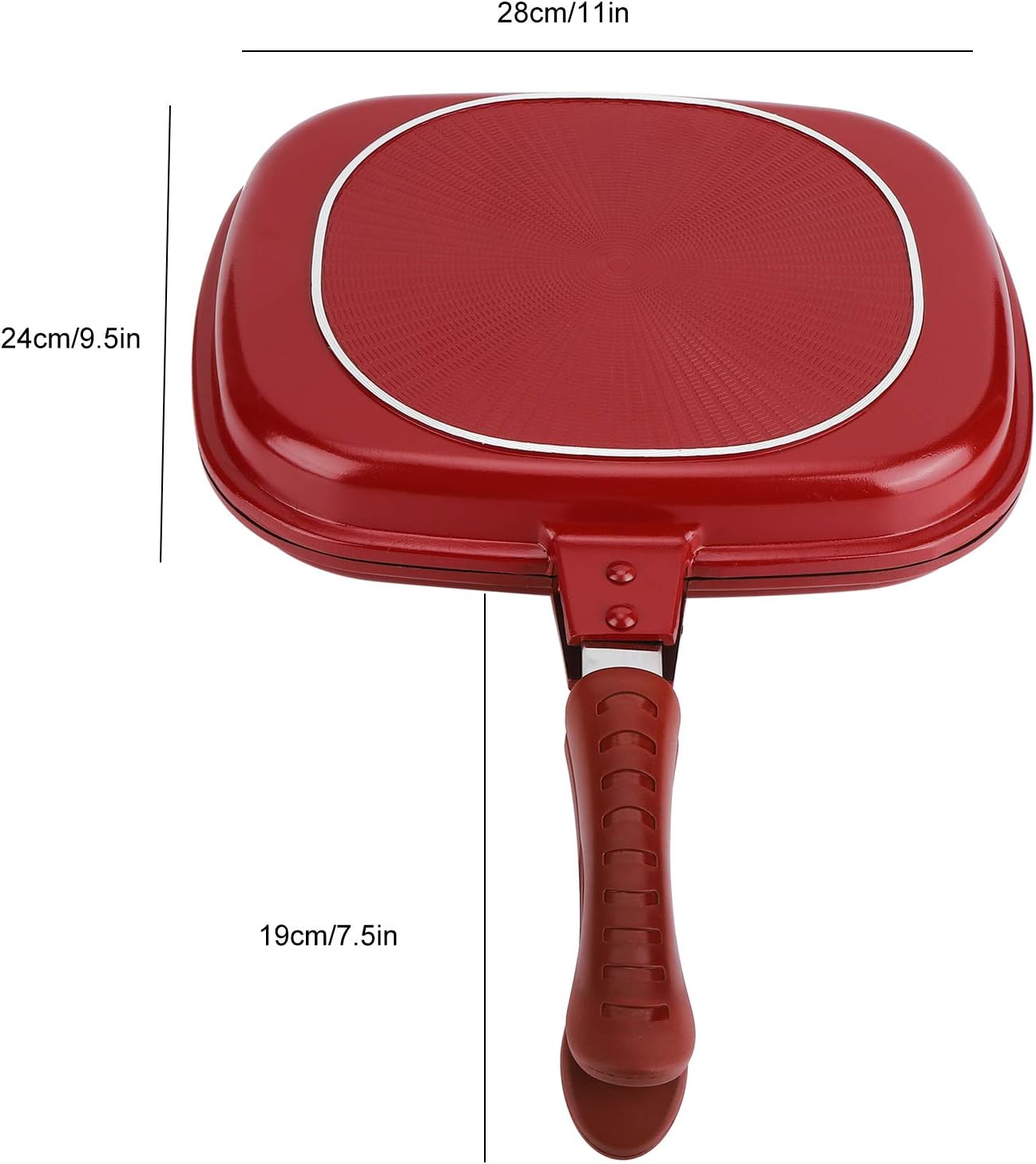 Sartén de doble cara, sartén antiadherente de aleación de aluminio cuadrada roja para utensilios de cocina, 11 x 9.5 pulgadas