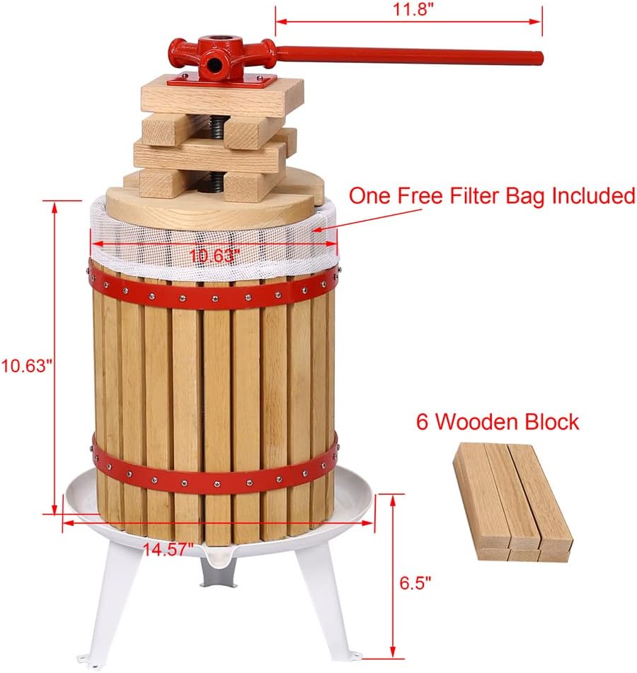 Prensa de vino de frutas de 3.17 galón12 L, prensa manual de uva de hierro fundido para elaboración de vino, cesta de madera 100% natural con 8