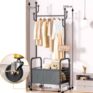 Perchero con ruedas y cesta de almacenamiento, perchero de metal independiente con estantes de almacenamiento de 2 niveles, perchero con ruedas para Perchero con ruedas y cesta de almacenamiento, perchero de metal independiente con estantes de almacenamiento de 2 niveles, perchero con ruedas para