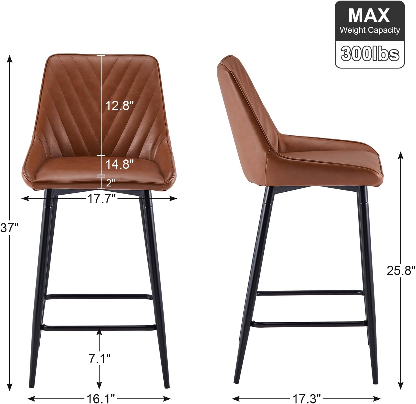 CLIPOP Taburetes de bar de metal marrón con asiento de piel sintética, 37 pulgadas de alto x 17.3 pulgadas de largo x 16.1 pulgadas de ancho,