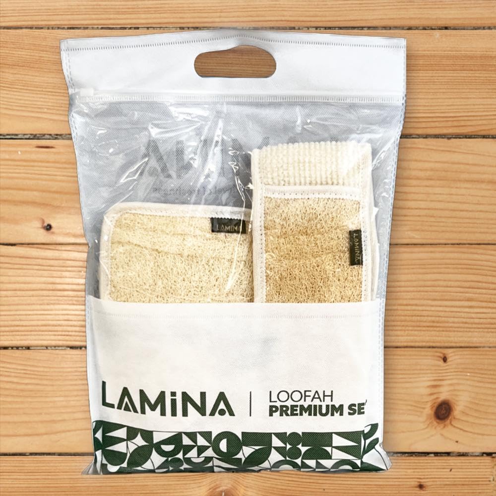 4 piezas  Lamina Natural-Orgánica, esponja de lufa, exfoliante corporal, esponja de ducha Beth Loofah (espalda larga, guante de doble cara, mini