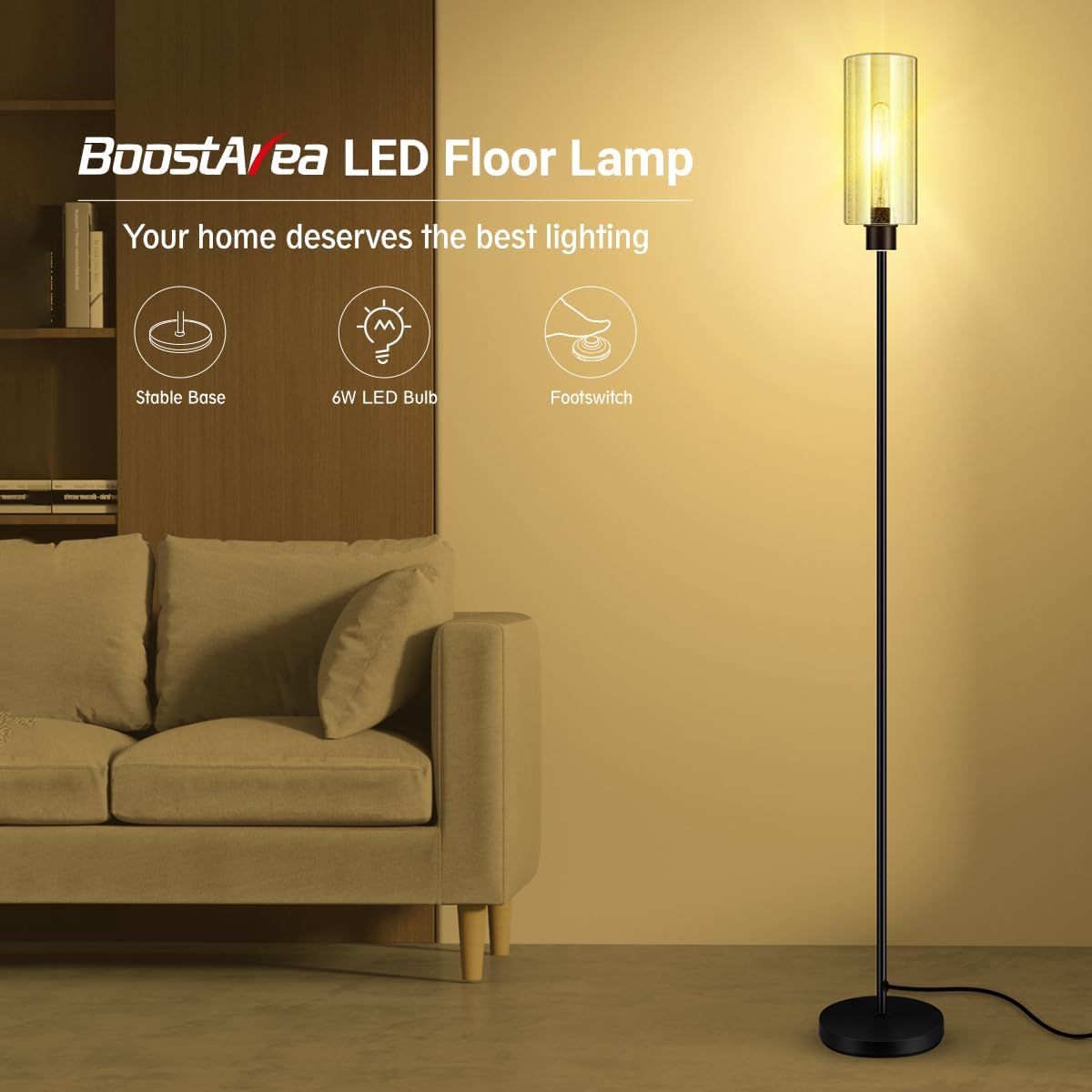BoostArea Lámpara de pie para sala de estar, lámpara de pie moderna con pantalla de vidrio semillado, lámpara de pie de diseño simple lámpara de