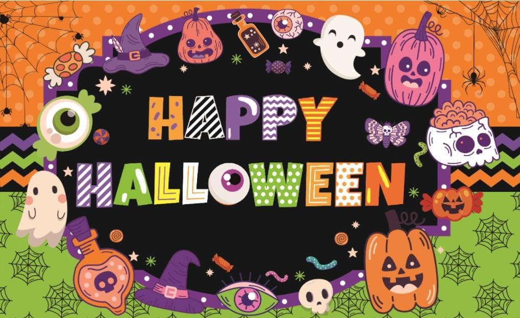Masxkle Fondo de Halloween con texto en inglés “Trick or Treat”, calabaza, fantasma, sombrero mágico, calavera, fondo de fotografía, caricatura,
