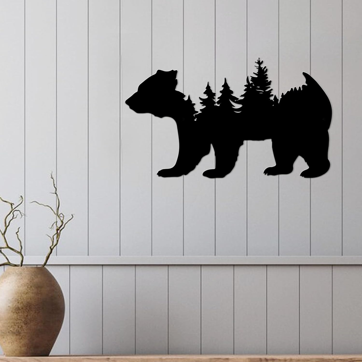 Arte de pared de metal, bosque moderno, pino, oso, decoración rústica, decoración de desierto, adornos de montaña para sala de estar, dormitorio,