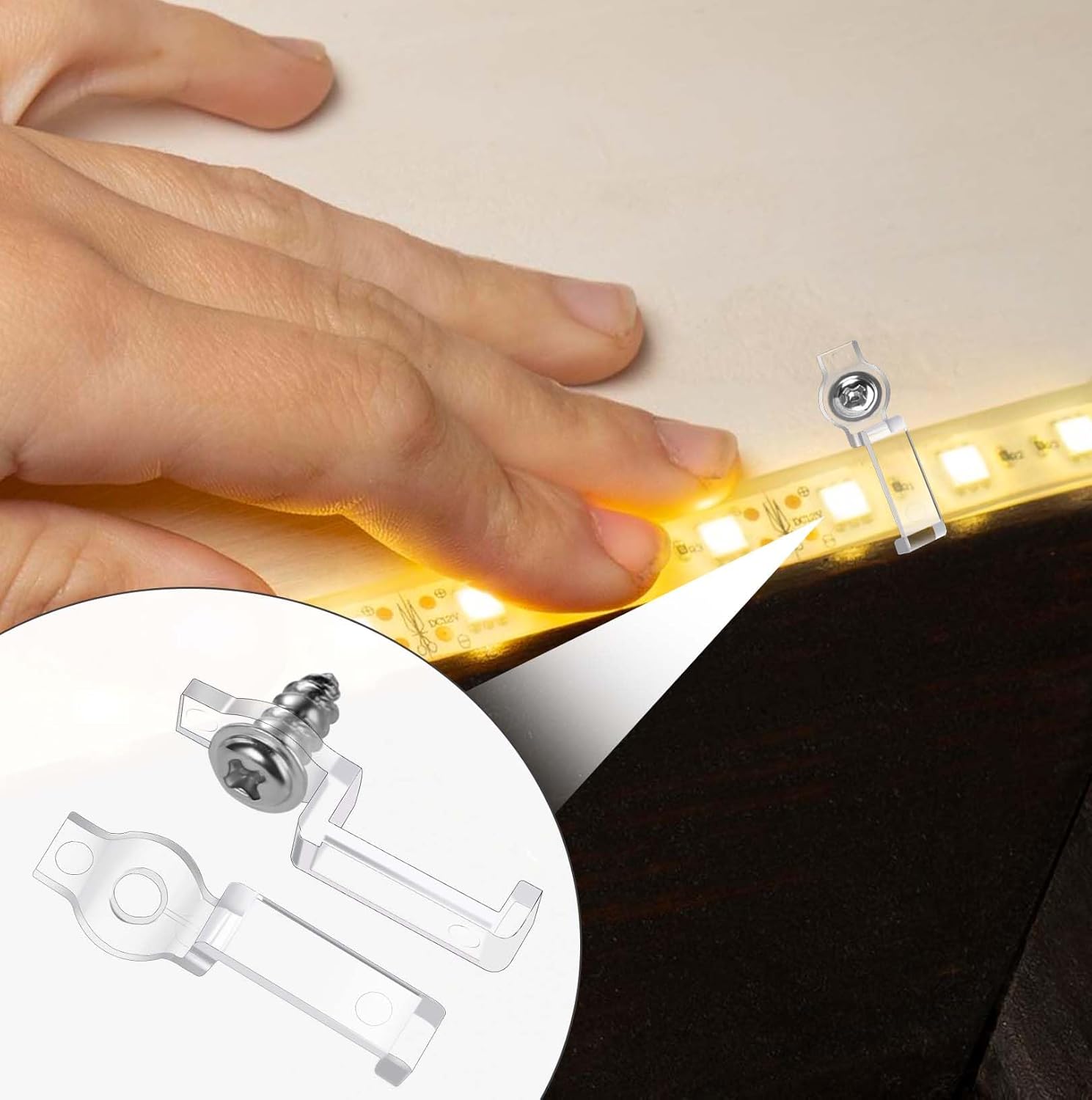 100 clips de luz LED para tira de luz, clips de montaje de un lado de luz LED con tornillos, ganchos de luz de cuerda exterior para tiras de luces