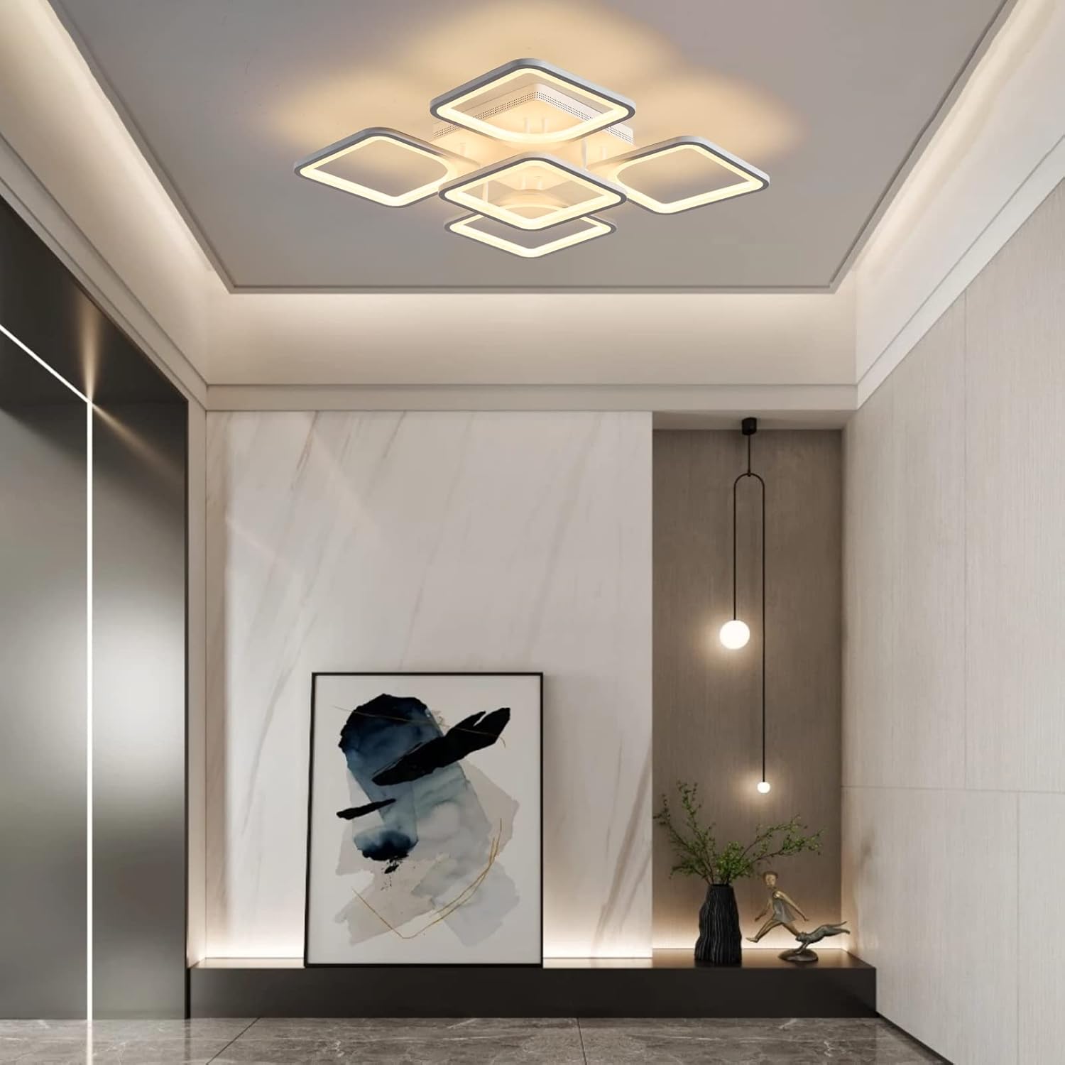 Jaycomey Lámpara de techo LED moderna regulable, 23.6 pulgadas, montaje empotrado, con control remoto, lámpara de techo acrílica de 5 cuadrados para