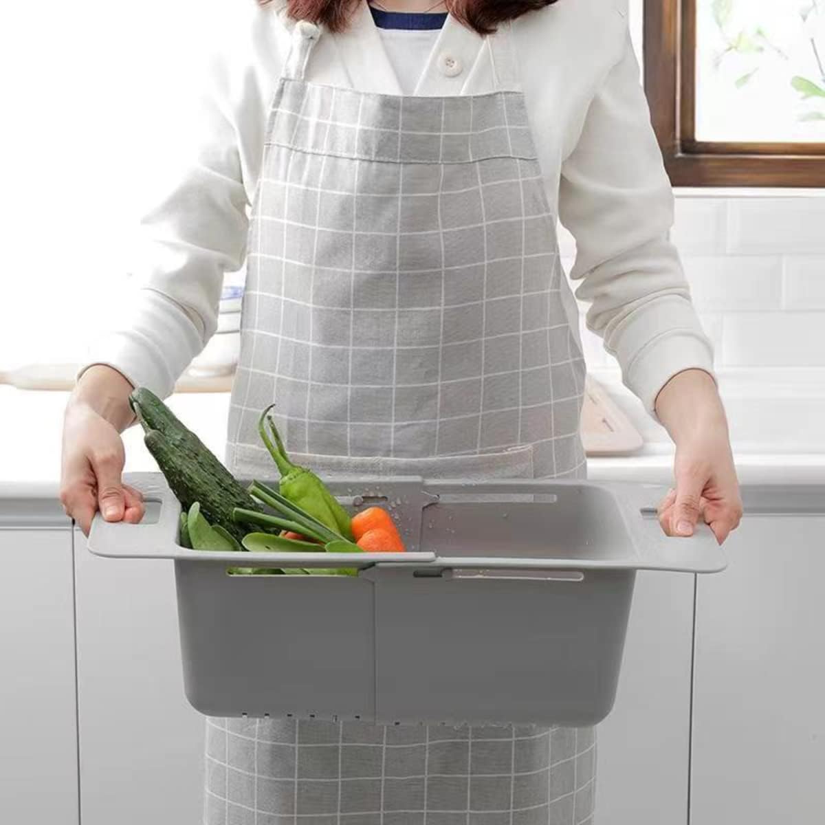 Colador sobre el fregadero – Lavar verduras y frutas, escurrir la pasta cocida y platos secos, espesa coladores y coladores extensibles para