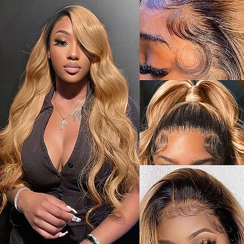 GIQA Pelucas de cabello humano ondulado con encaje frontal de 13 x 6 pulgadas, densidad del 200%, color rubio miel, pelucas de cabello humano