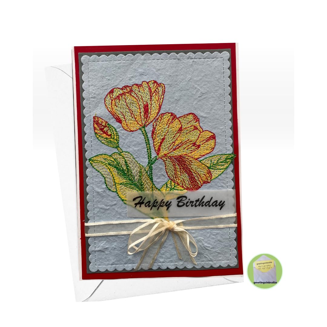 Greeting Cards – Personalized & Custom Handmade Handcrafted Card – Flower Based Message -Gift For Visually Impaired (Stitched Tulips)