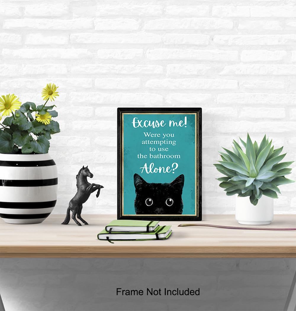 Funny Cat Restroom Sign LARGE 11×14 – Guest Bathroom Decor for Women – Small Bathroom Wall Art – Blue Bathroom Decorations – Unique Powder room