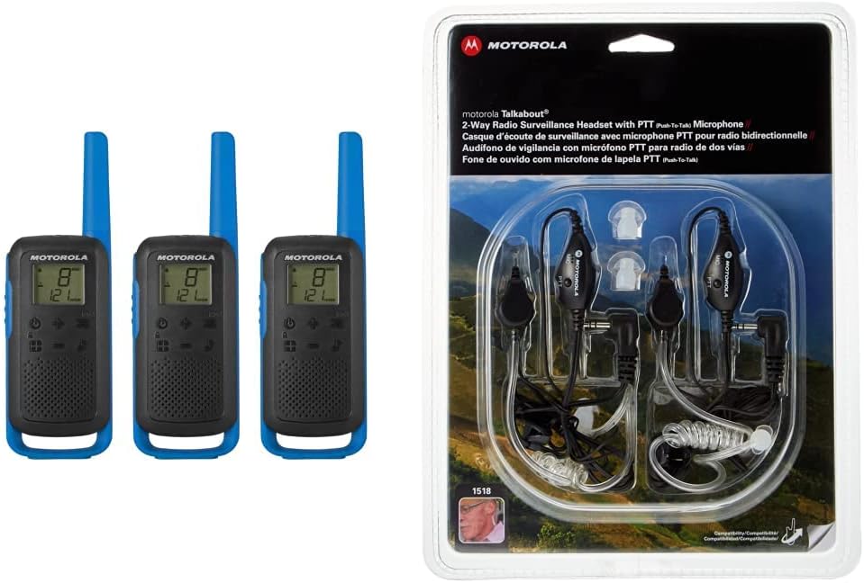 Motorola Talkabout T270TP FRS Radios (paquete de 3) Paquete con 1518 auriculares de vigilancia (paquete de 2)