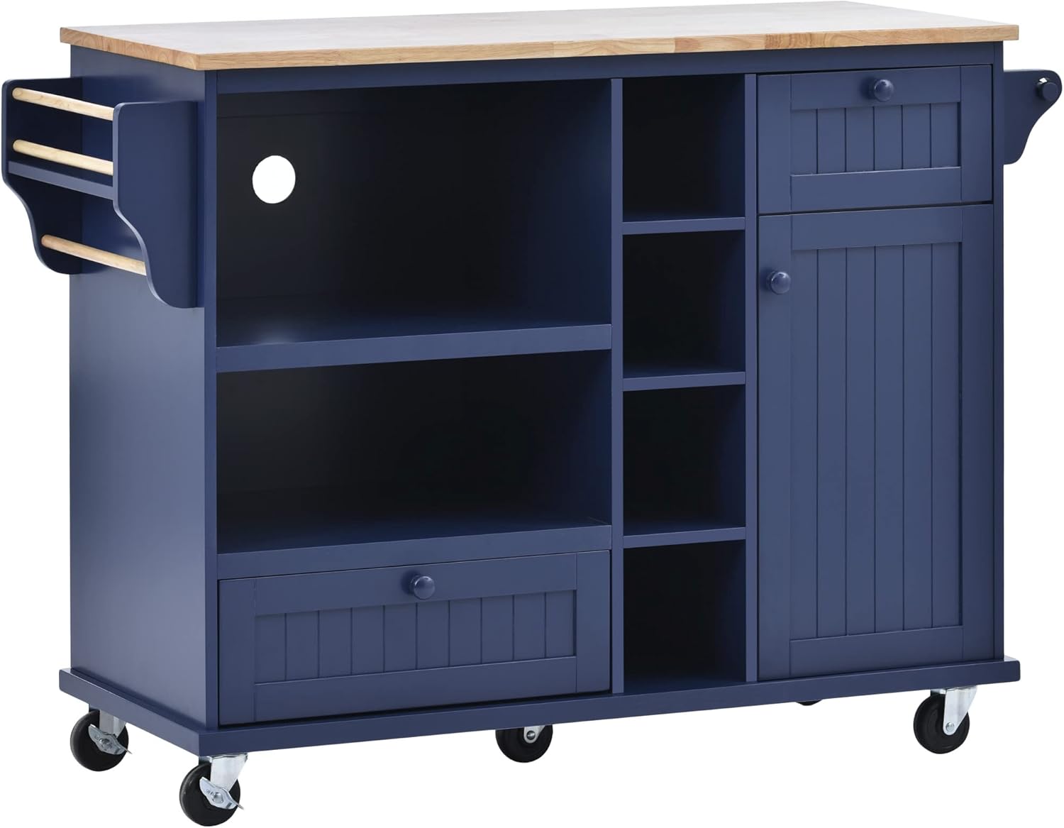 Olela Carrito de isla de cocina con almacenamiento, mesa de cocina móvil rodante para microondas con ruedas con estantes abiertos, cajones y