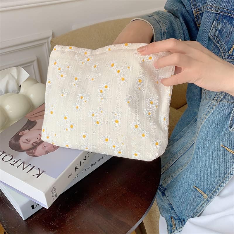 PAZIMIIK Bolsas de maquillaje para monedero, bolsa de cosméticos con cremallera, Algodón Margarita Beige, Margarita