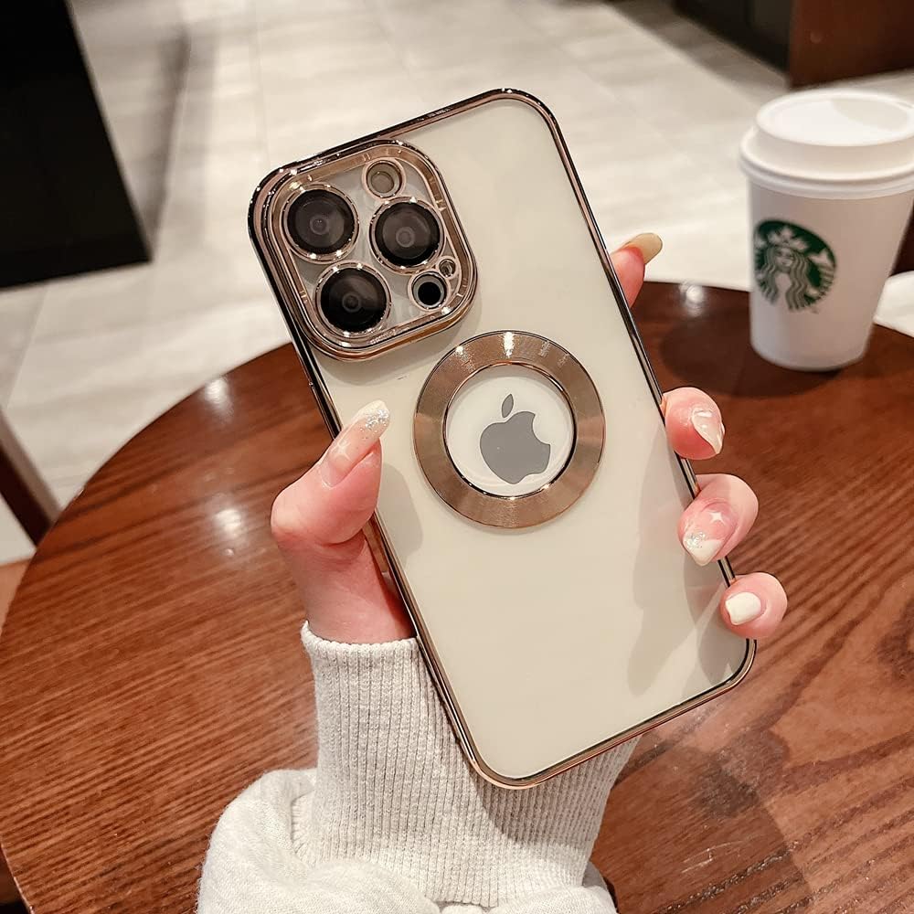 Funda para iPhone 13 Pro con protector de lente de cámara, vista de logotipo para mujeres y hombres, chapado suave, transparente, delgada,
