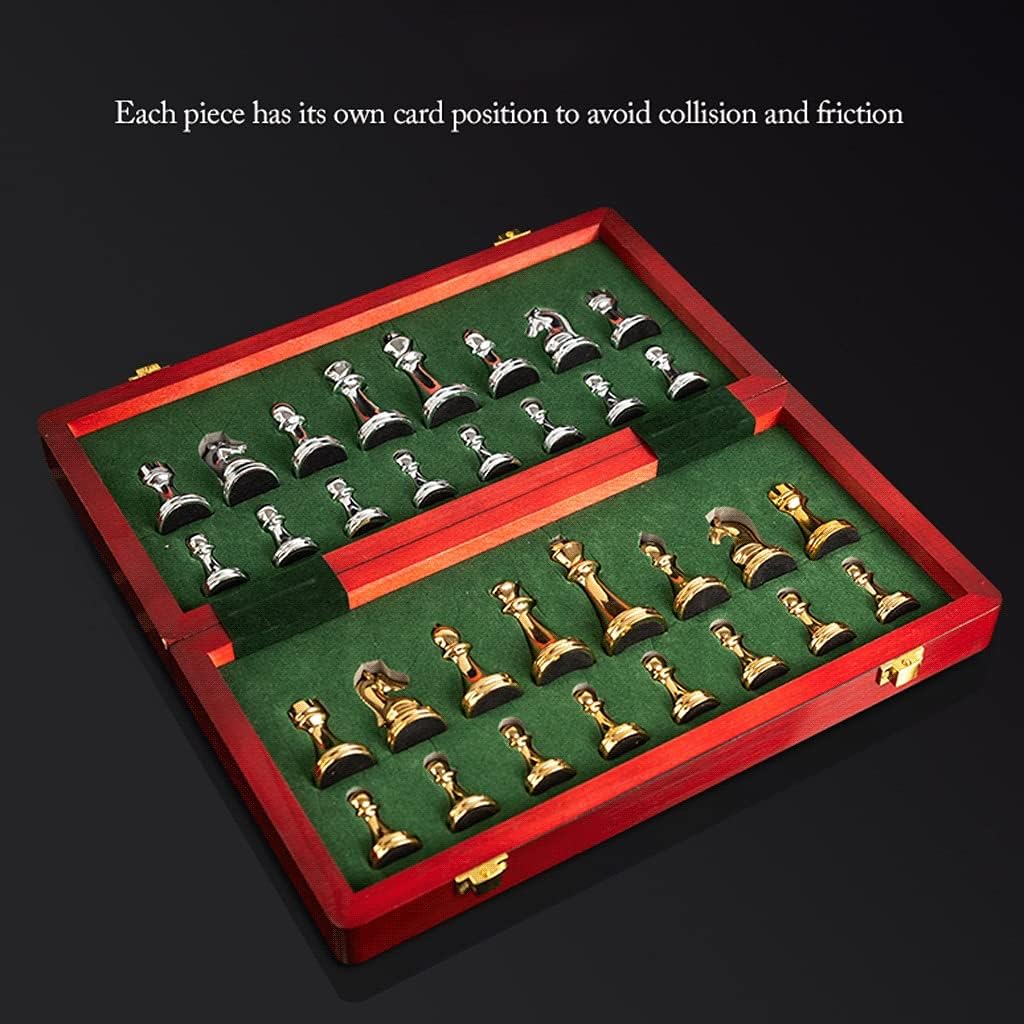 Juego de ajedrez plegable de metal con almacenamiento para piezas de ajedrez de metal chapado en cobre retro, juego de mesa de regalo