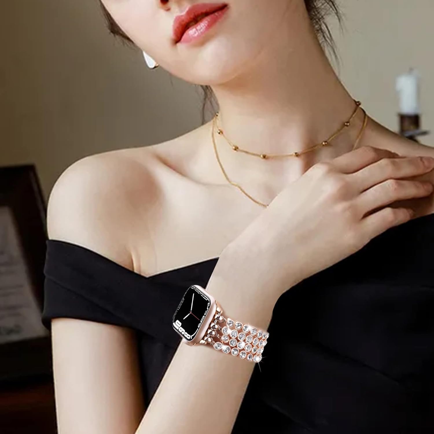 VISOOM Pulsera brillante compatible con Apple Watch Series 8 de oro rosa de 1.575 pulgadas, 1.496 pulgadas, 1.614 pulgadas, Series SE76, correa