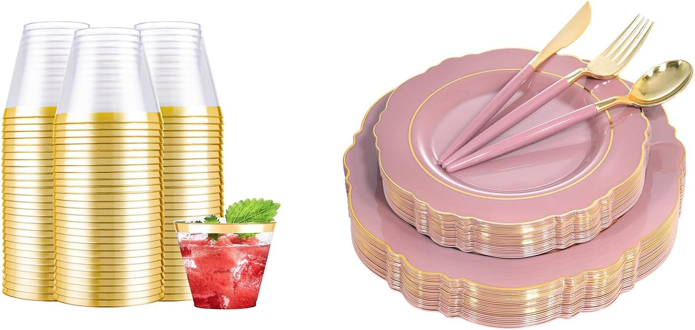 Nervure 100 platos de plástico rosa malva con borde dorado y 240 vasos de plástico dorados