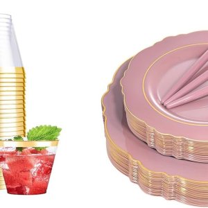 Nervure 100 platos de plástico rosa malva con borde dorado y 240 vasos de plástico dorados Nervure 100 platos de plástico rosa malva con borde dorado y 240 vasos de plástico dorados