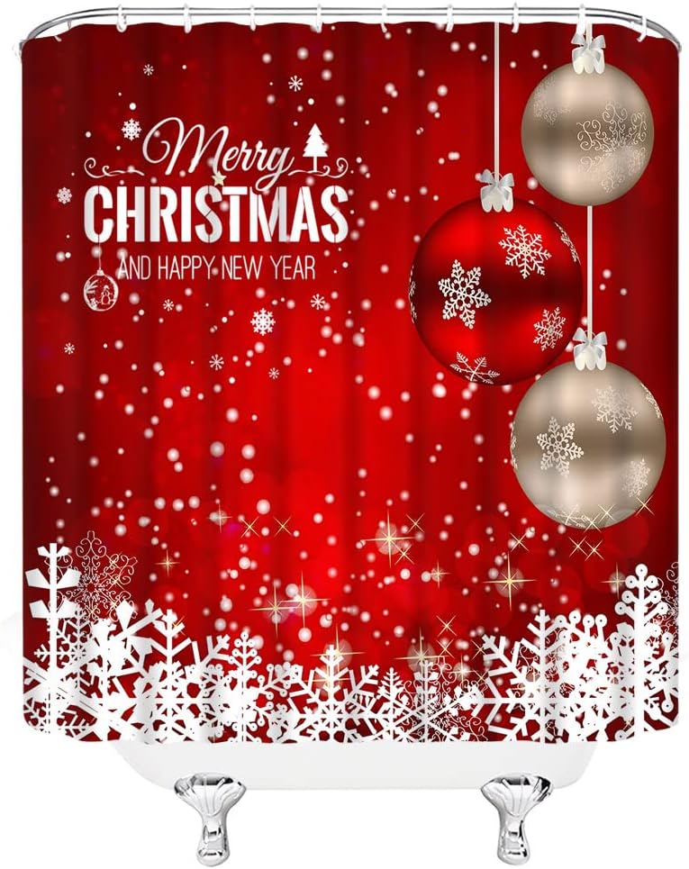 Cortina de ducha de bolas de Navidad, bola de Navidad roja y dorada, copo de nieve blanco, vacaciones de invierno, festival de temporada, decoración
