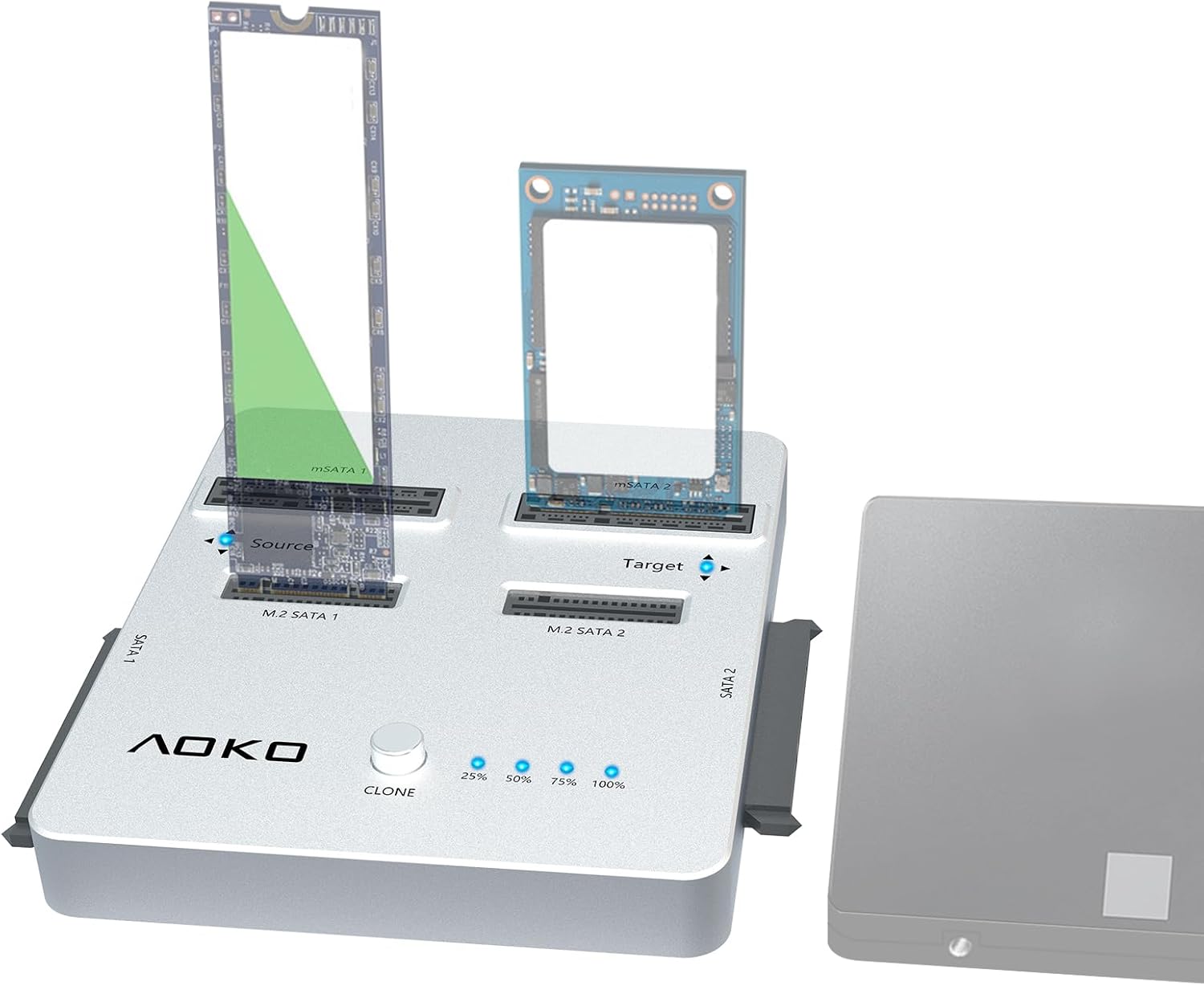 AOKO Estación de acoplamiento de disco duro SATA 3 en 1 de doble bahía para SSD y HDD SATA de 2.5 pulgadas3.5 pulgadas + SSD mSATA o SSD SATA M.2